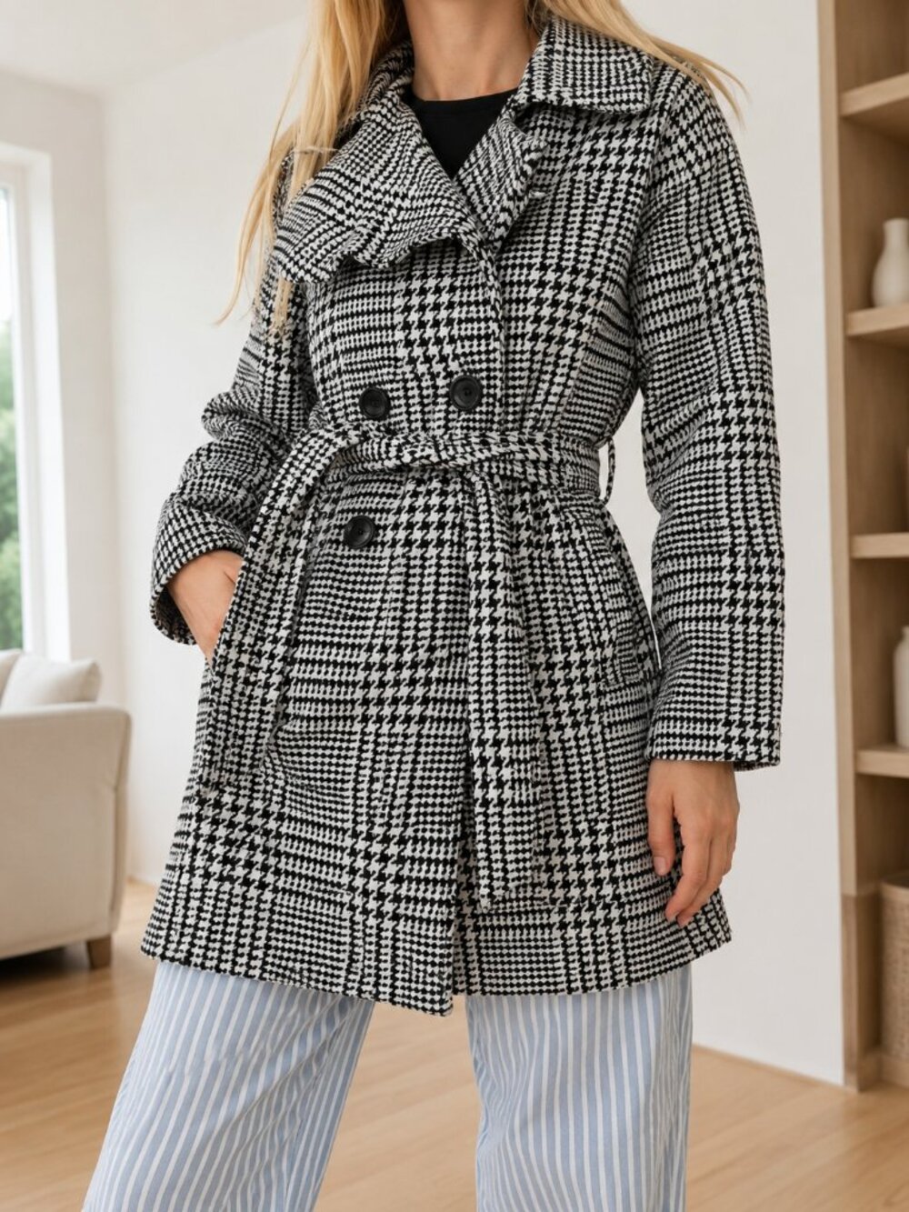 XOXO Vintage Trench Belted Collared Women's Houndstooth Belted Peacoat Jacket M